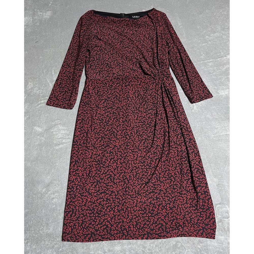 Lauren Ralph Lauren Dress Womens 4 Red Black Leaf Faux Wrap Whimsy‎ Black Label